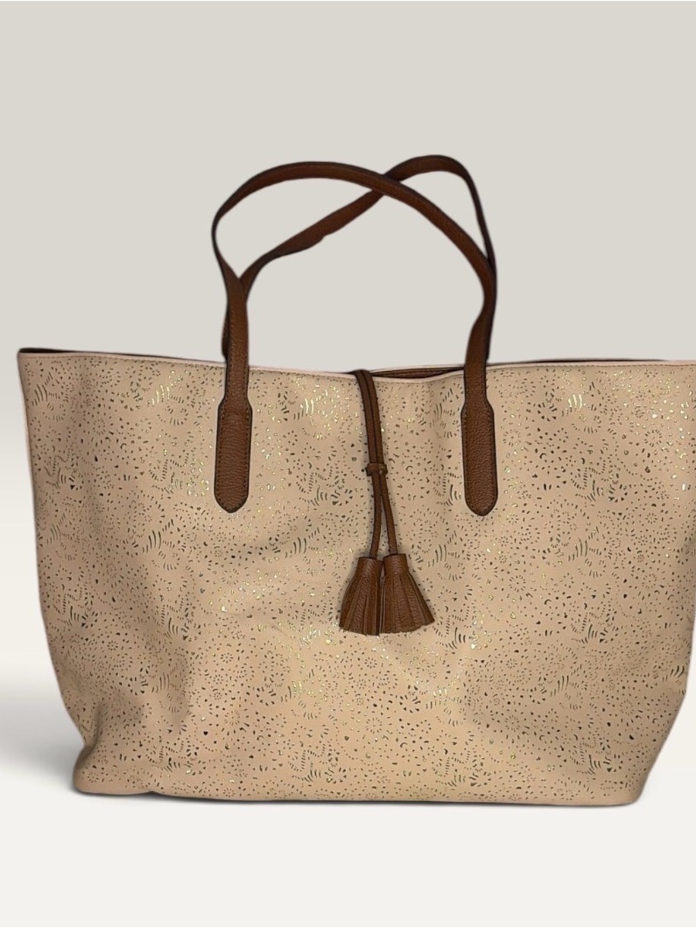 Beige Tote with Brown Trim and Tassel Accent - Women's Tote